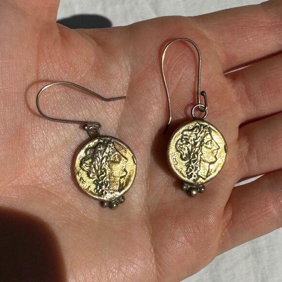 Gold Intaglio Cameo Roman Coin Style Drop Earrings - Picture 3 of 10